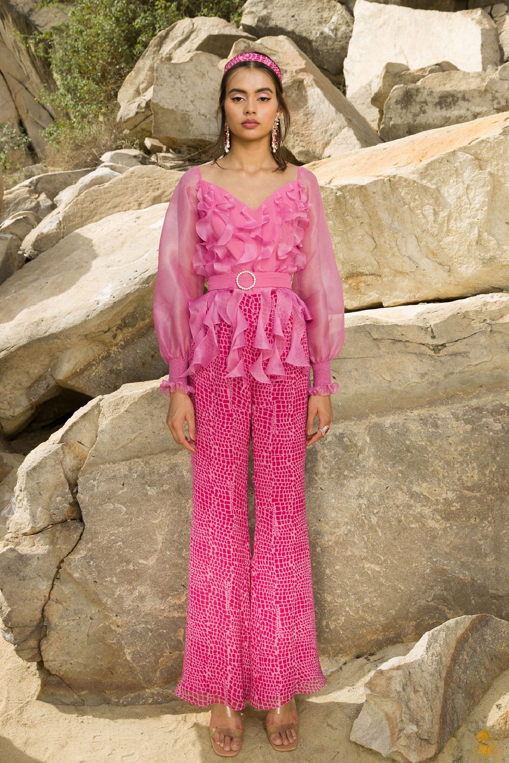 Pink Ruffled Print Jumpsuit
