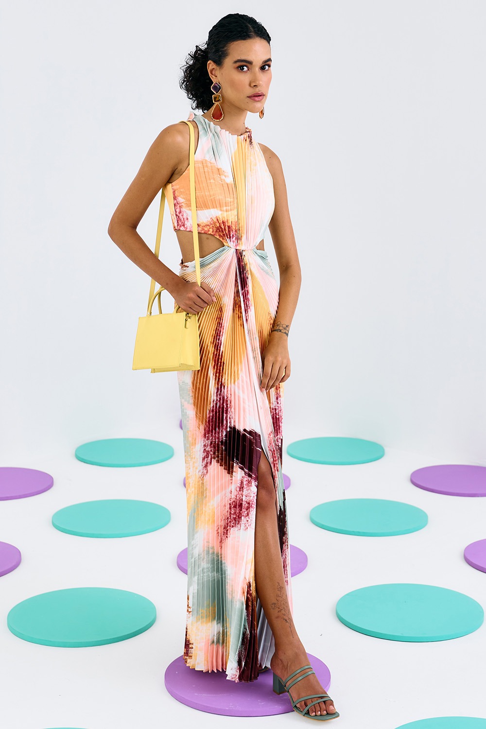Print Pleated Halter Gown