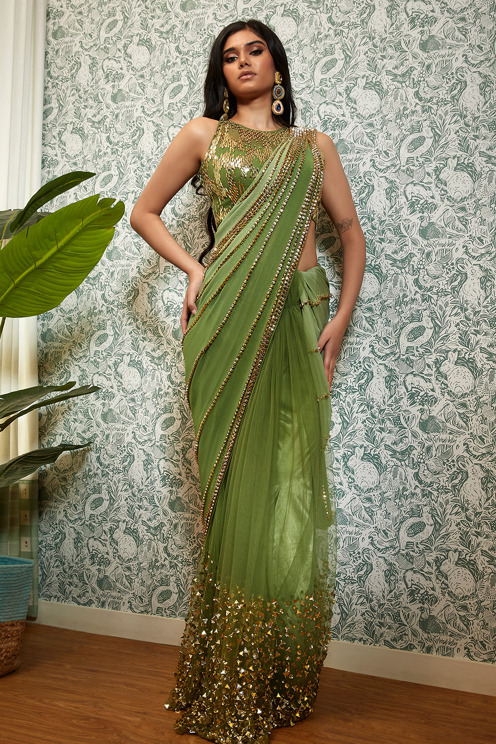 Perfect Times : Olive Shaded Embellished Saree Set