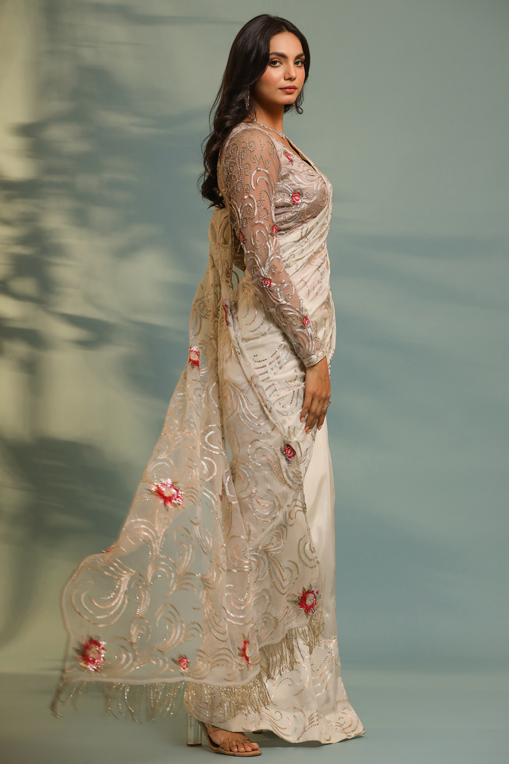 Haseena Ivor-Grey Swirl Jaal Saree Set