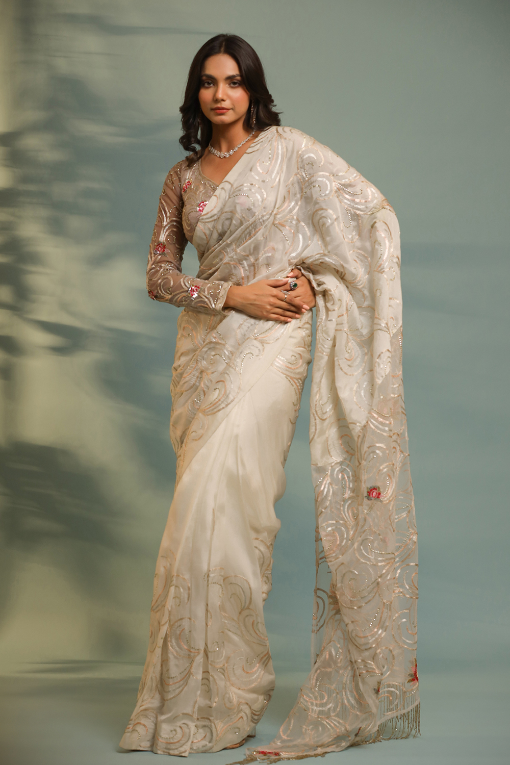 Haseena Ivor-Grey Swirl Jaal Saree Set