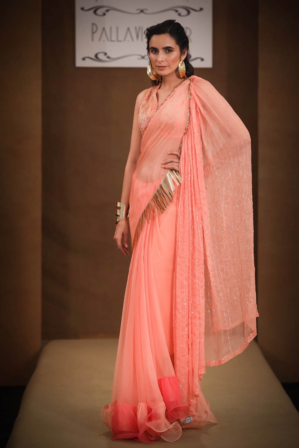 PALLAVI JAIPUR presents Mehbooba Luxury Peach Ruffle Saree exclusively at  FEI