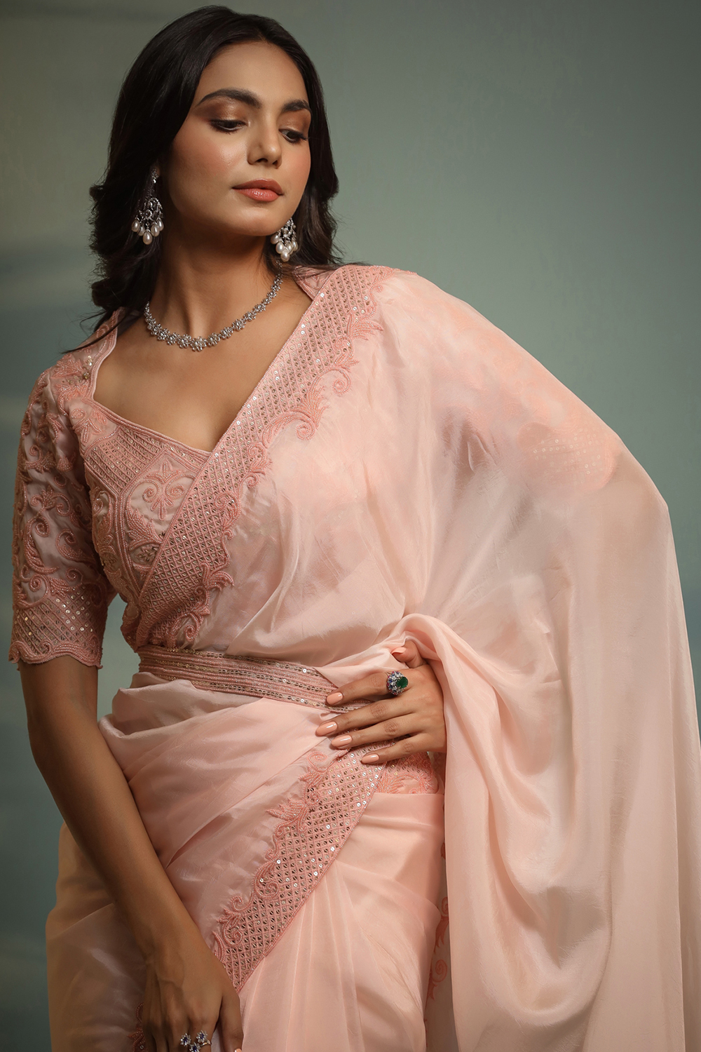 Haseena Blush Pink Moti Work Ruffle Saree