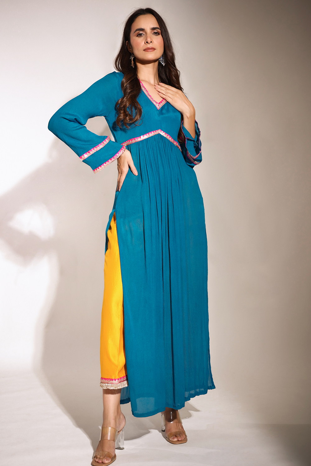 Haseena Teal Blue And Bright Mustard Color Block Kurta Pant Set