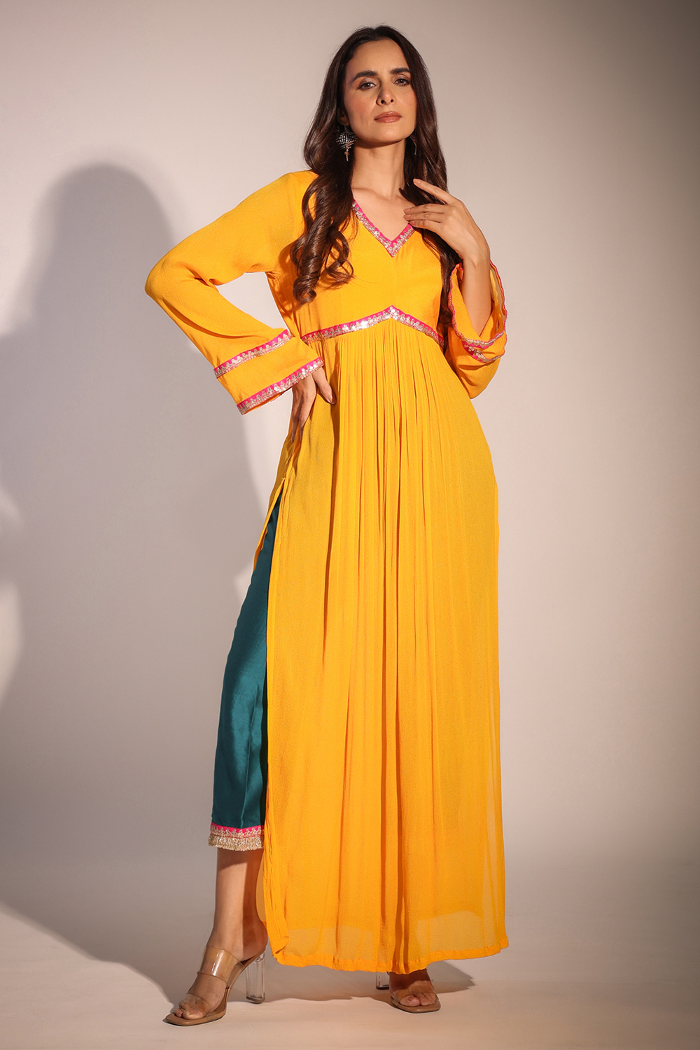Haseena  Mango Yellow And Bottle Green Color Block Kurta Pant Set