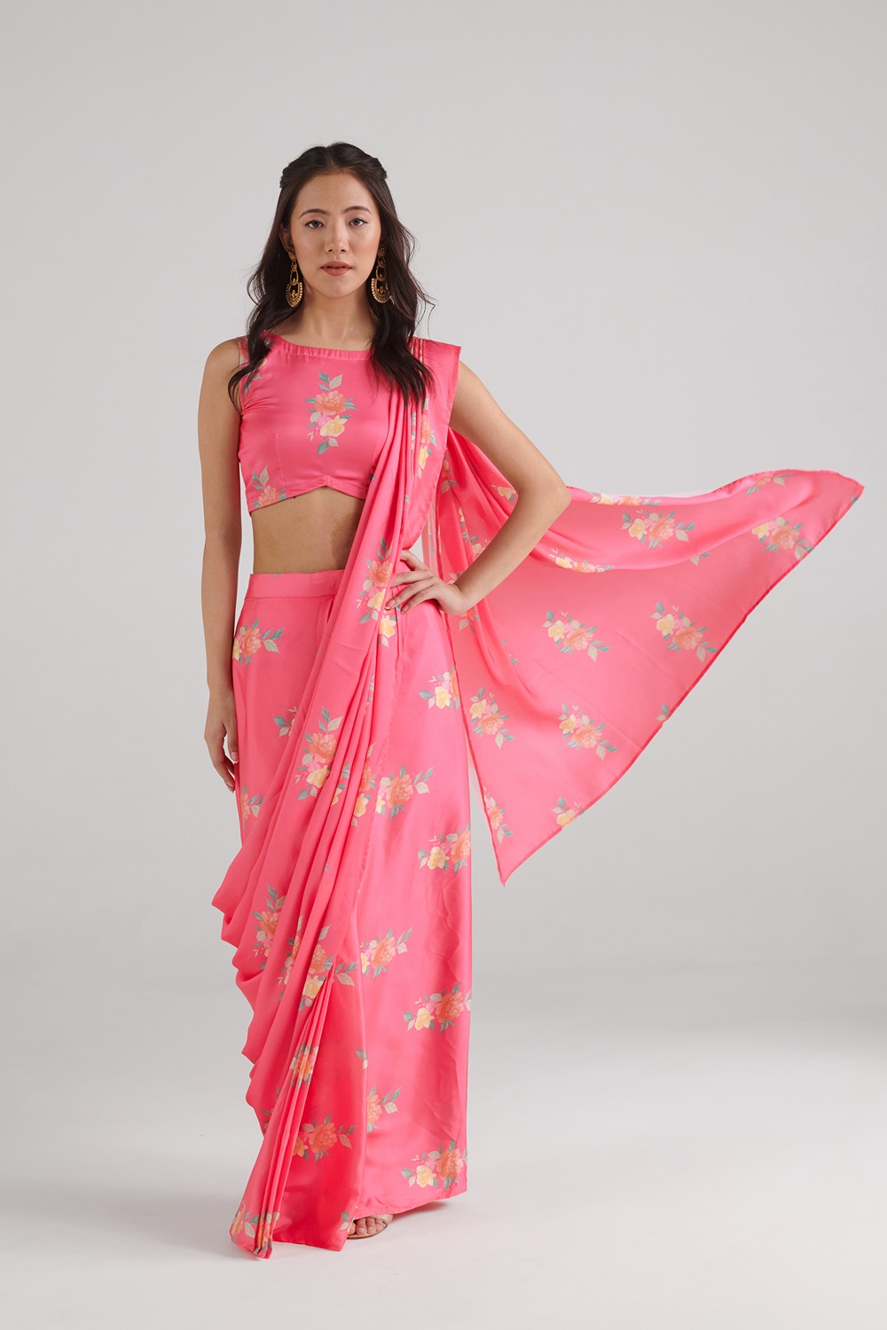 Hot Pink Ready Saree Skirt Set
