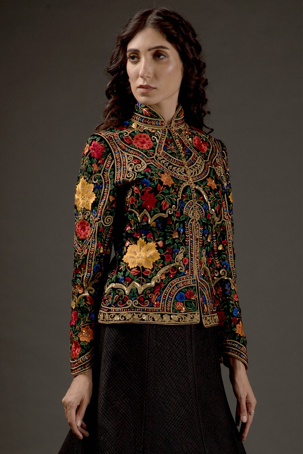Silk Velvet Embroidered Long Jacket 