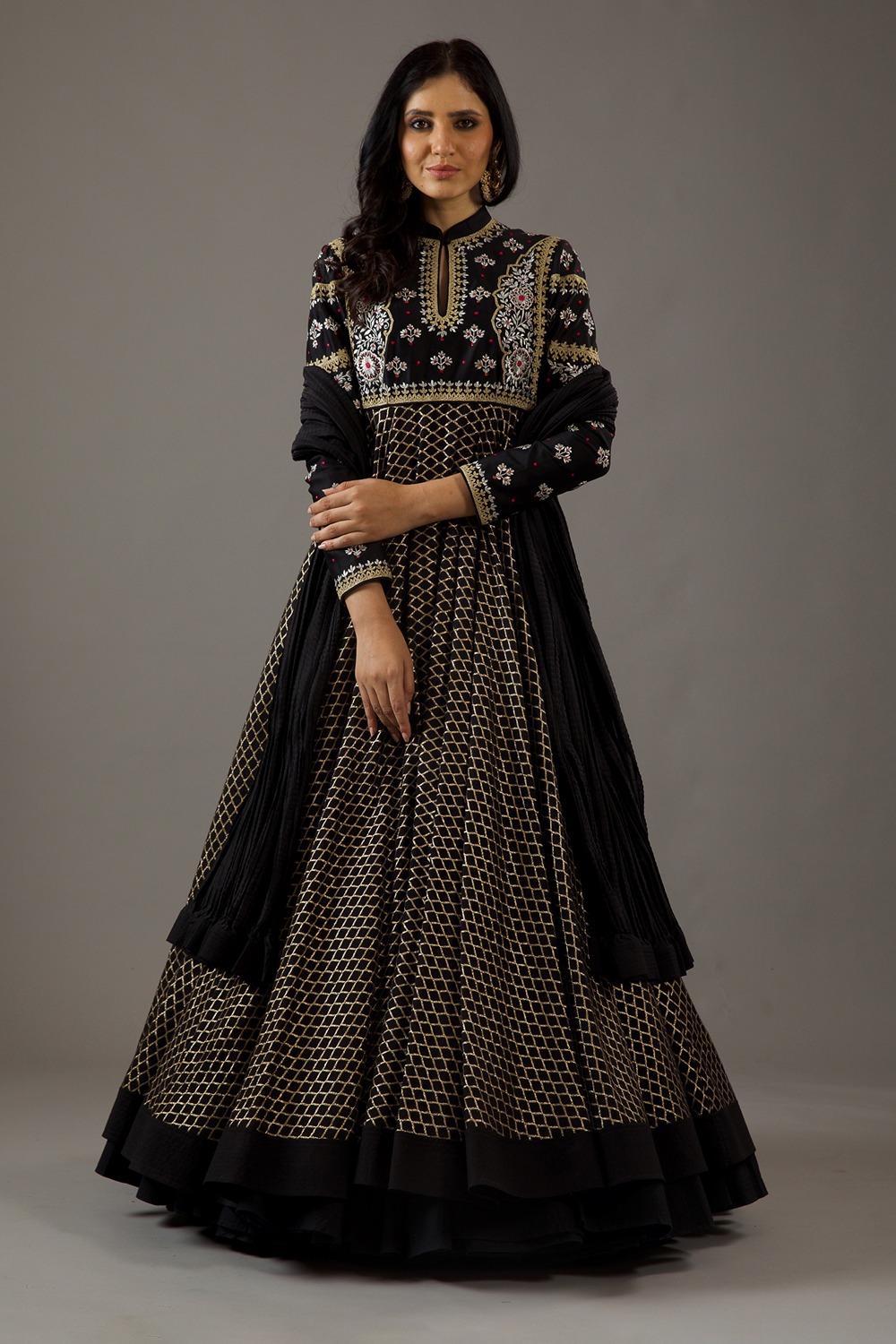 Black Chanderi Anarkali Set With Embroidery 