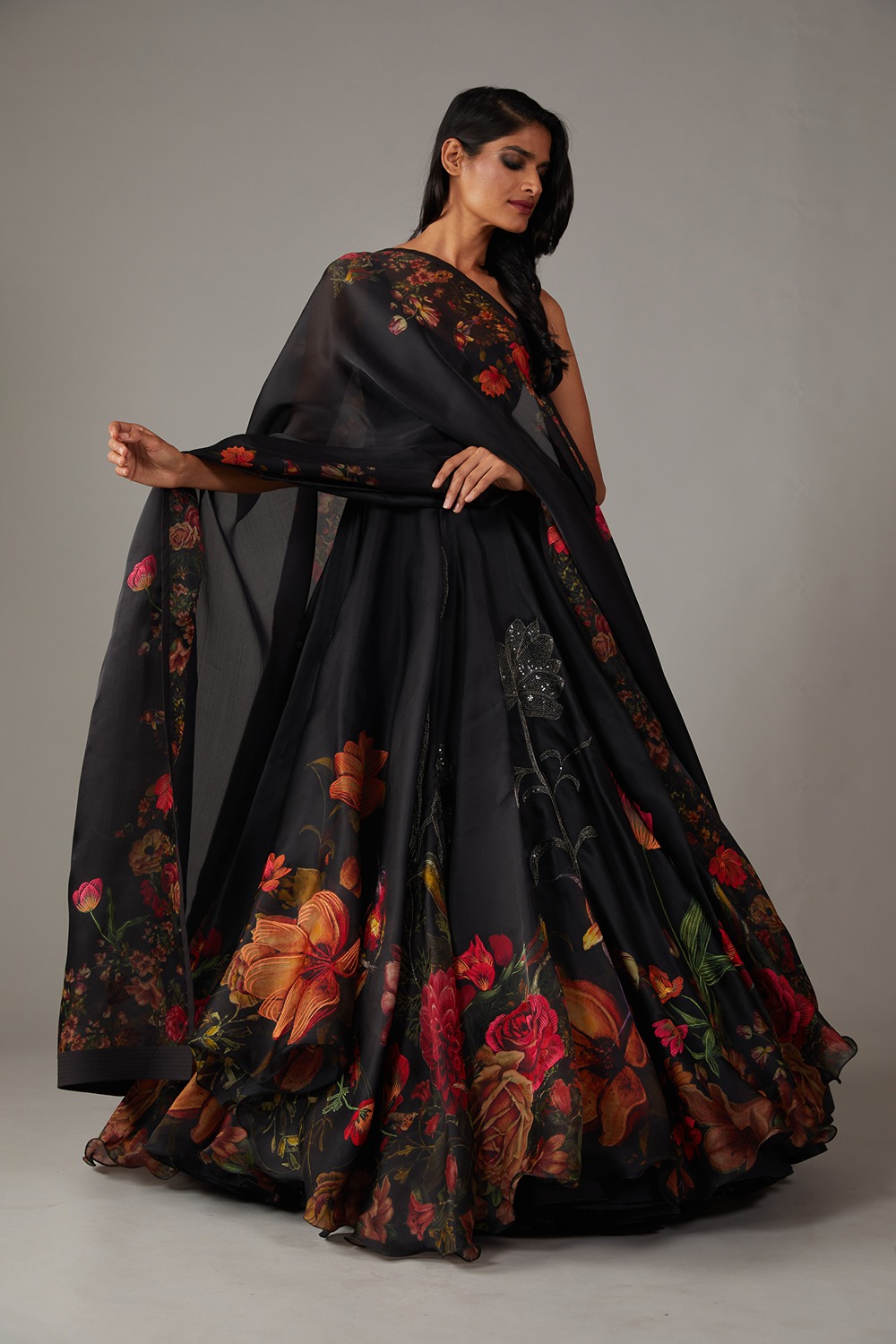 Black Anarkali Set With Multicolour Print