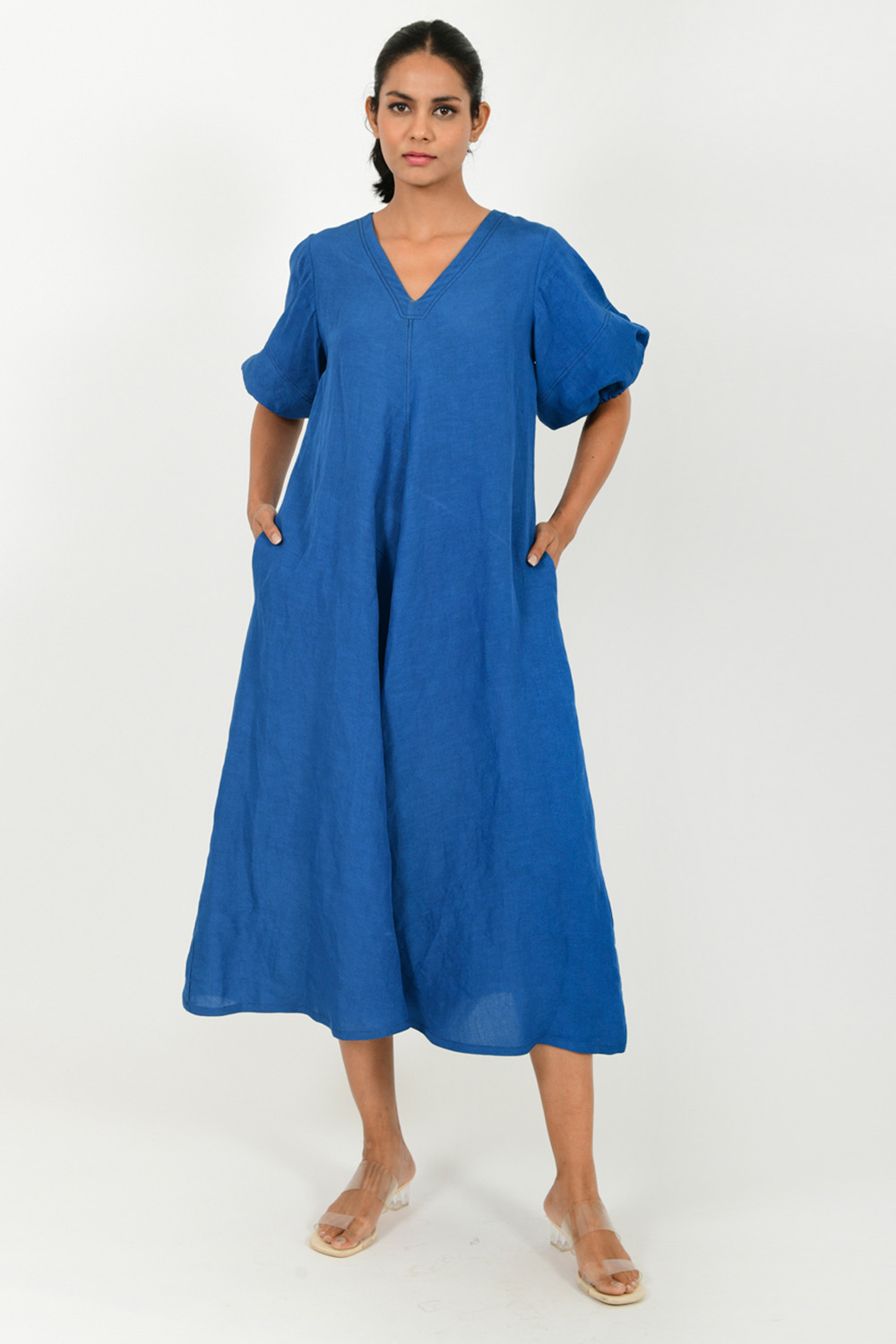 Classic Blue Cotton Dress With Puffed Sleeves 
