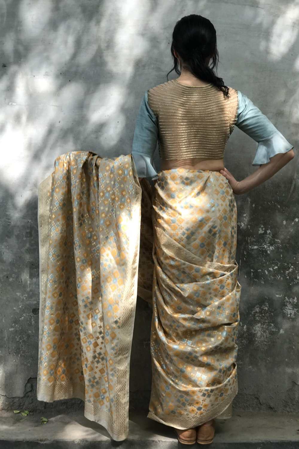 Beige Gold   Ikat Printed Silk Saree 