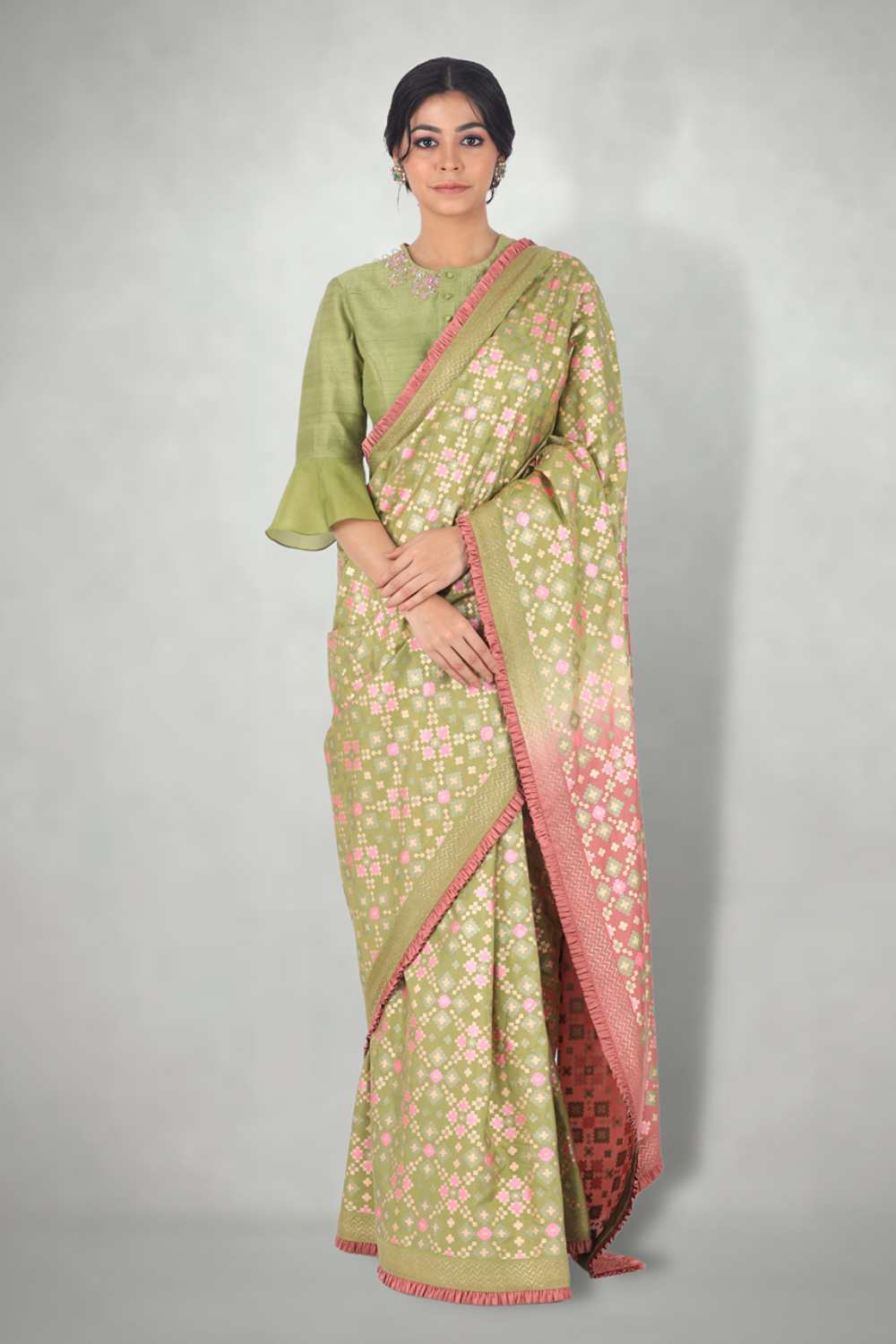 Green Pink Ombre  Ikat Printed Silk Saree 