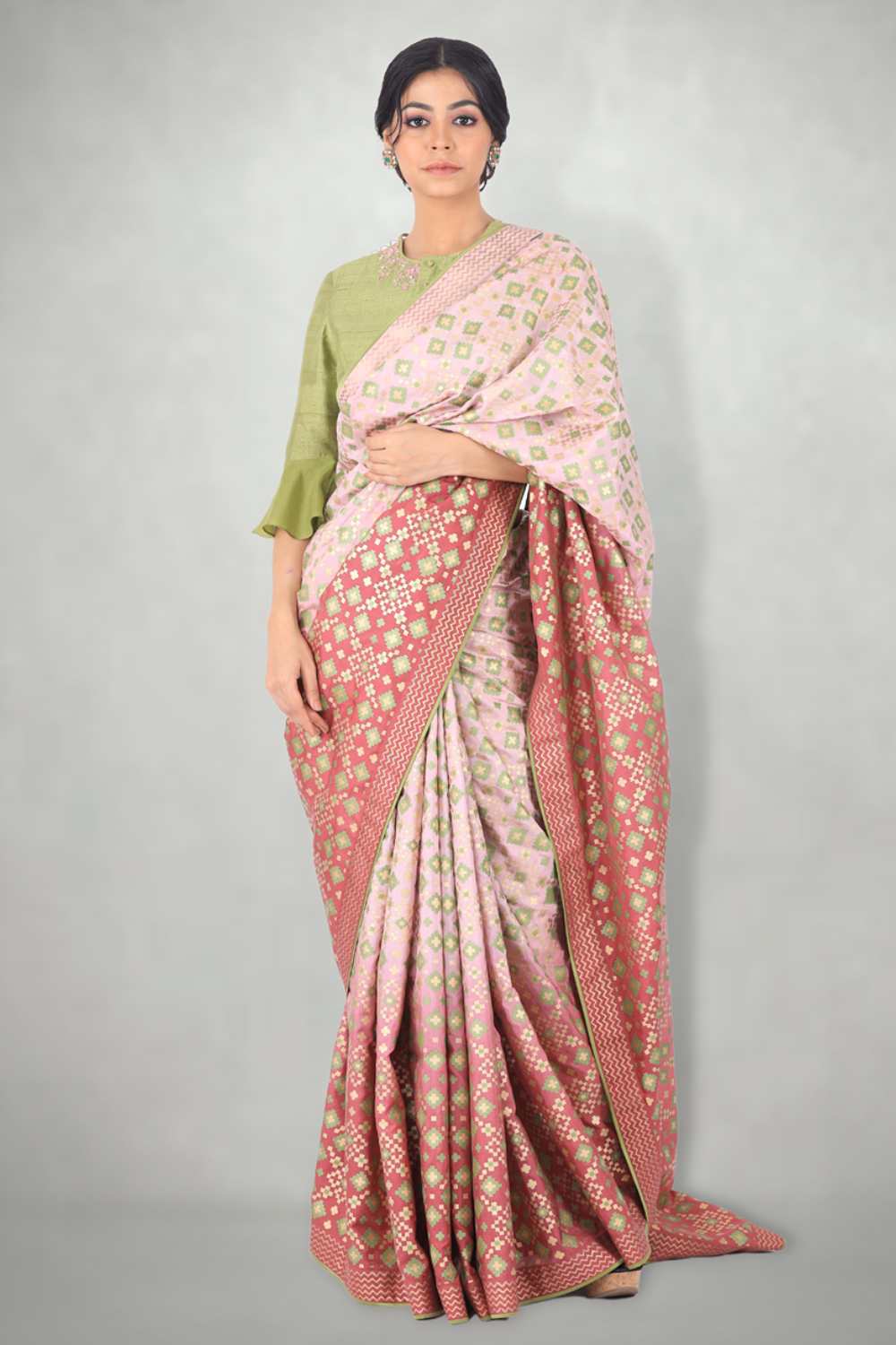 Lilac Pink Ombre  Ikat Printed Silk Saree Only 