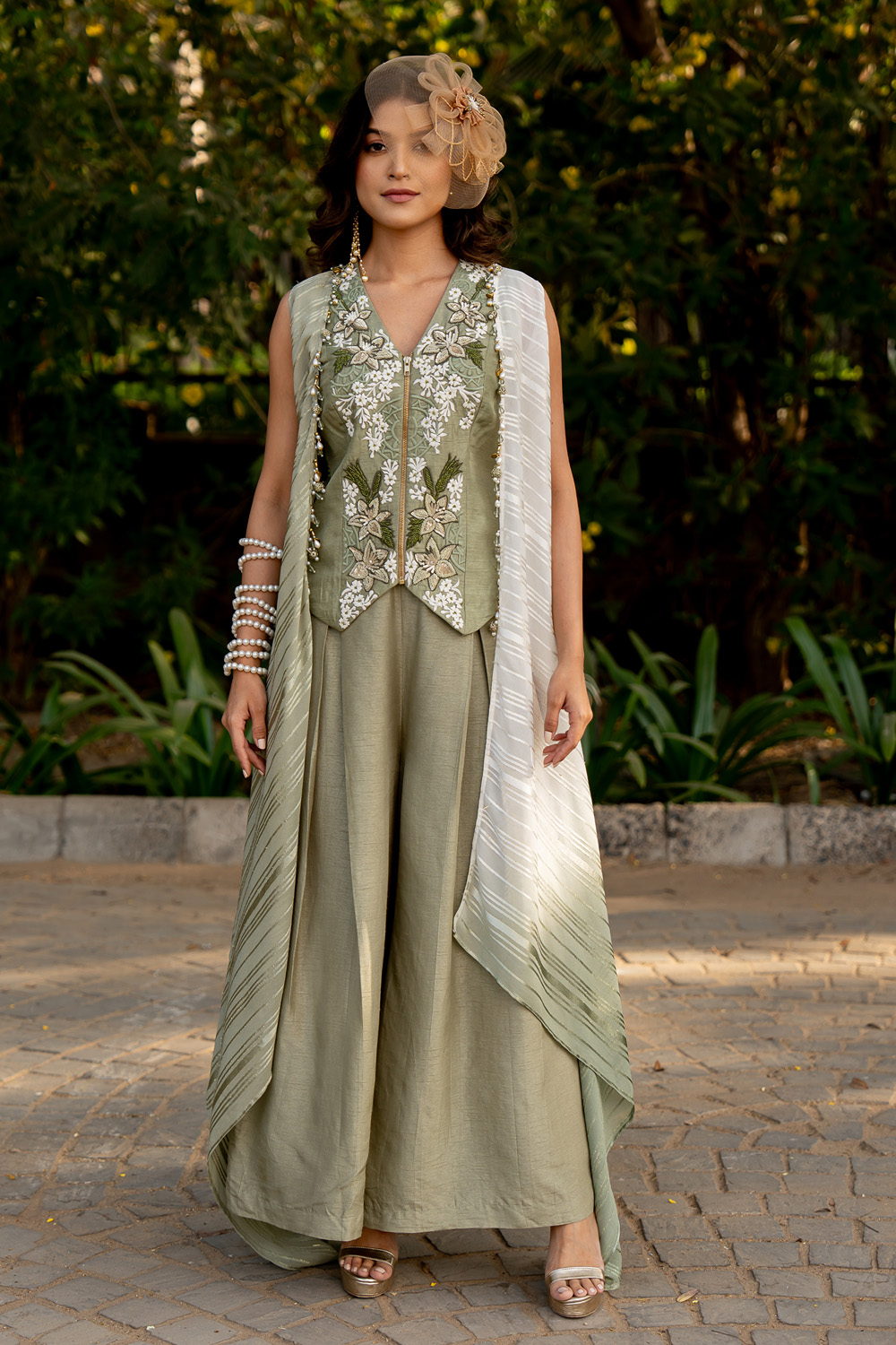 Embroidered Vest & Cape With Box Pleat Pants