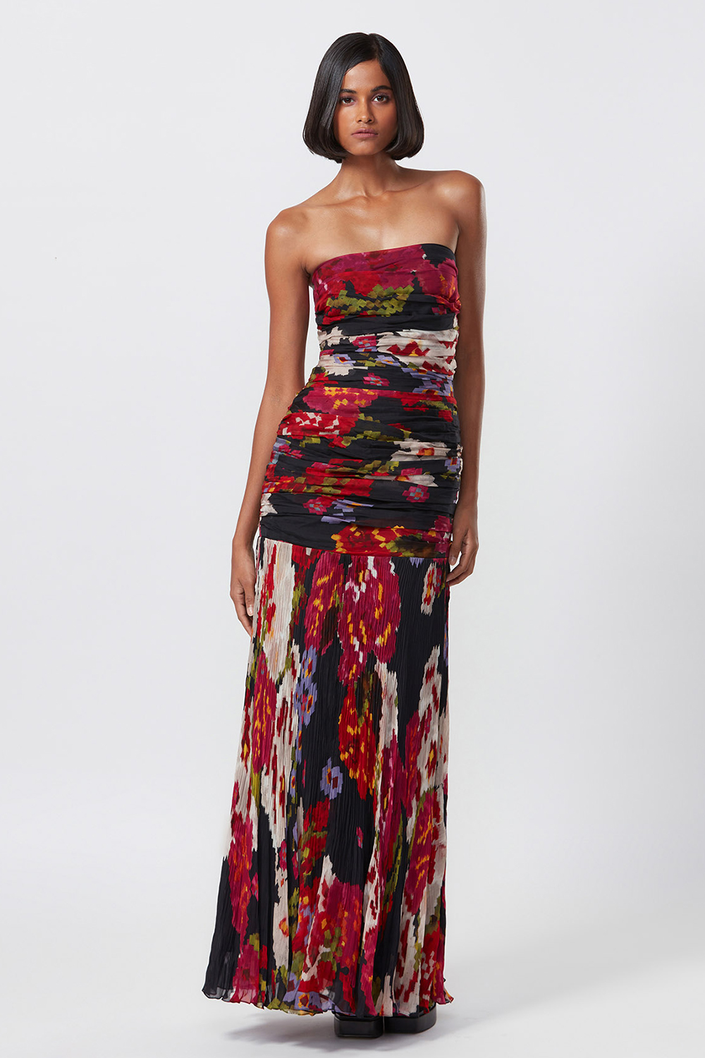 Abstract Floral Print Hand Micro Pleated Strapless Gown