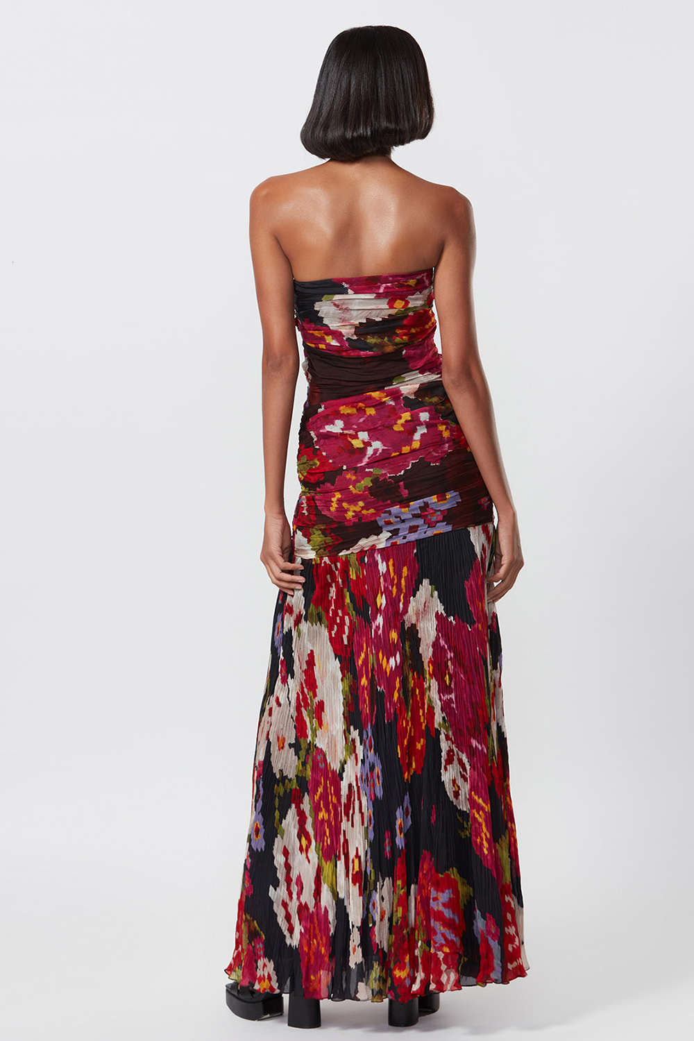 Abstract Floral Print Hand Micro Pleated Strapless Gown