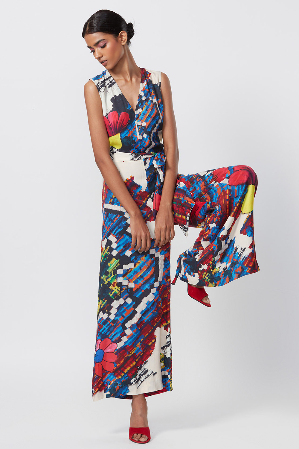 Abstract Floral Print Sleeveless Jumpsuit With Attached Belt