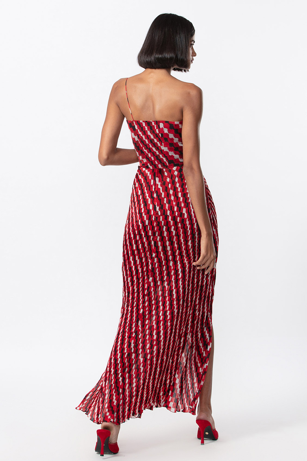 Abstract Print Hand Micro Pleated, One Shoulder Wrap Style Gown 