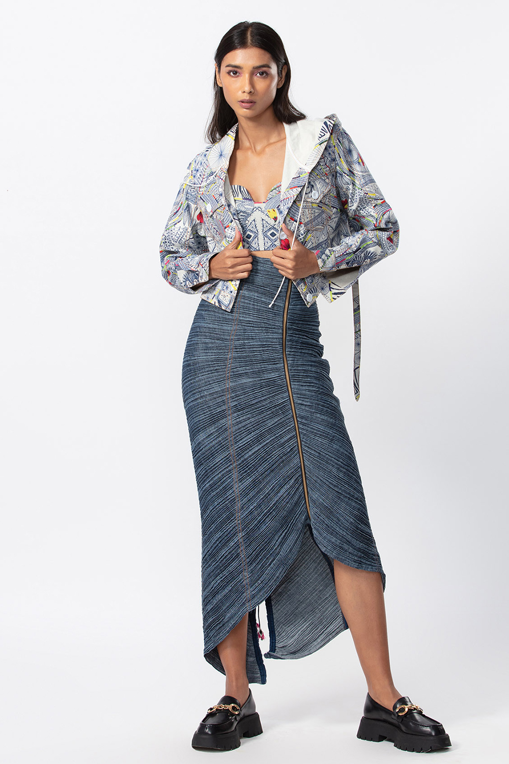 Abstract Print Denim Hooded Bomber Style Cropped Jacket
