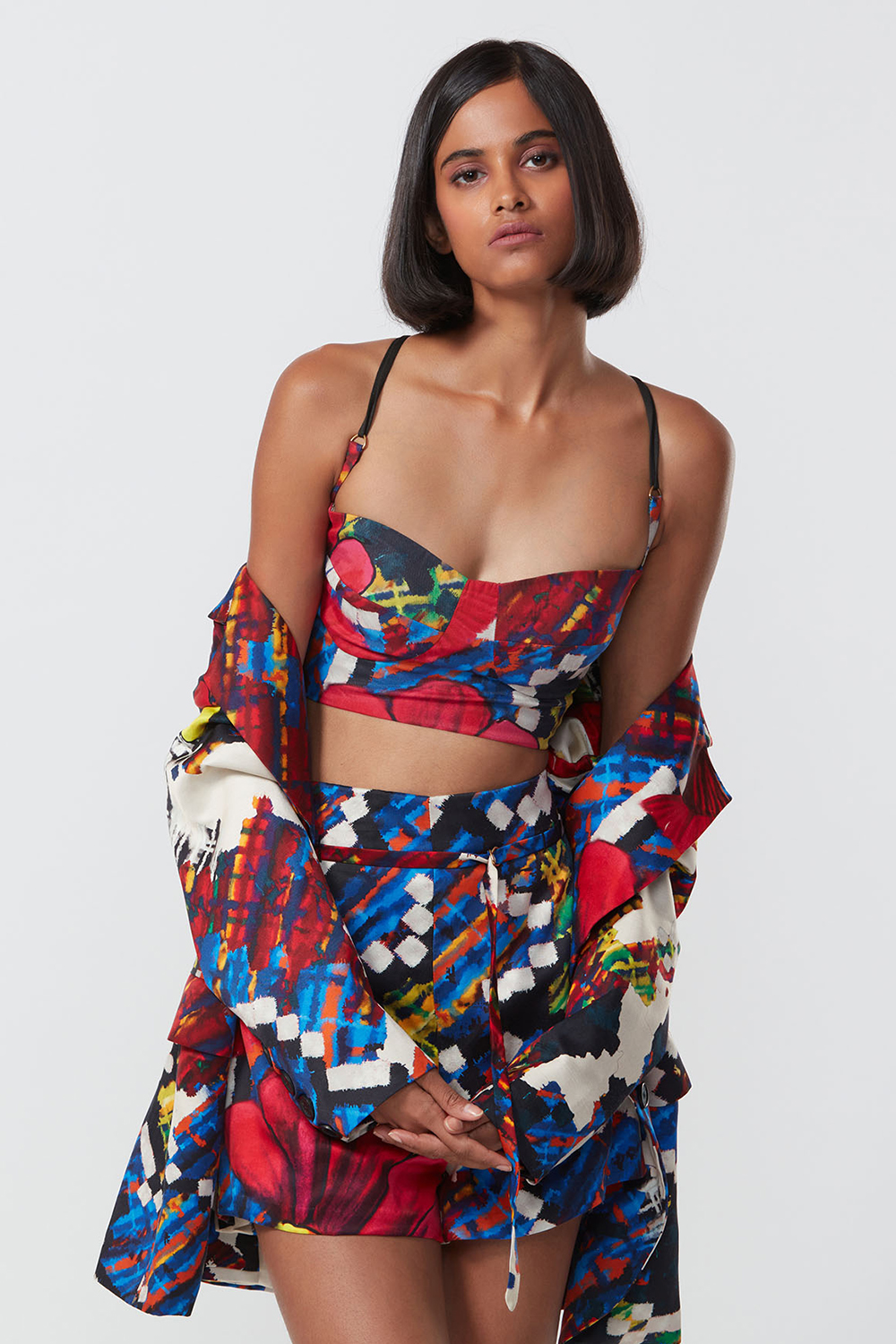 Abstract Floral Print Bustier With Adjustable Straps