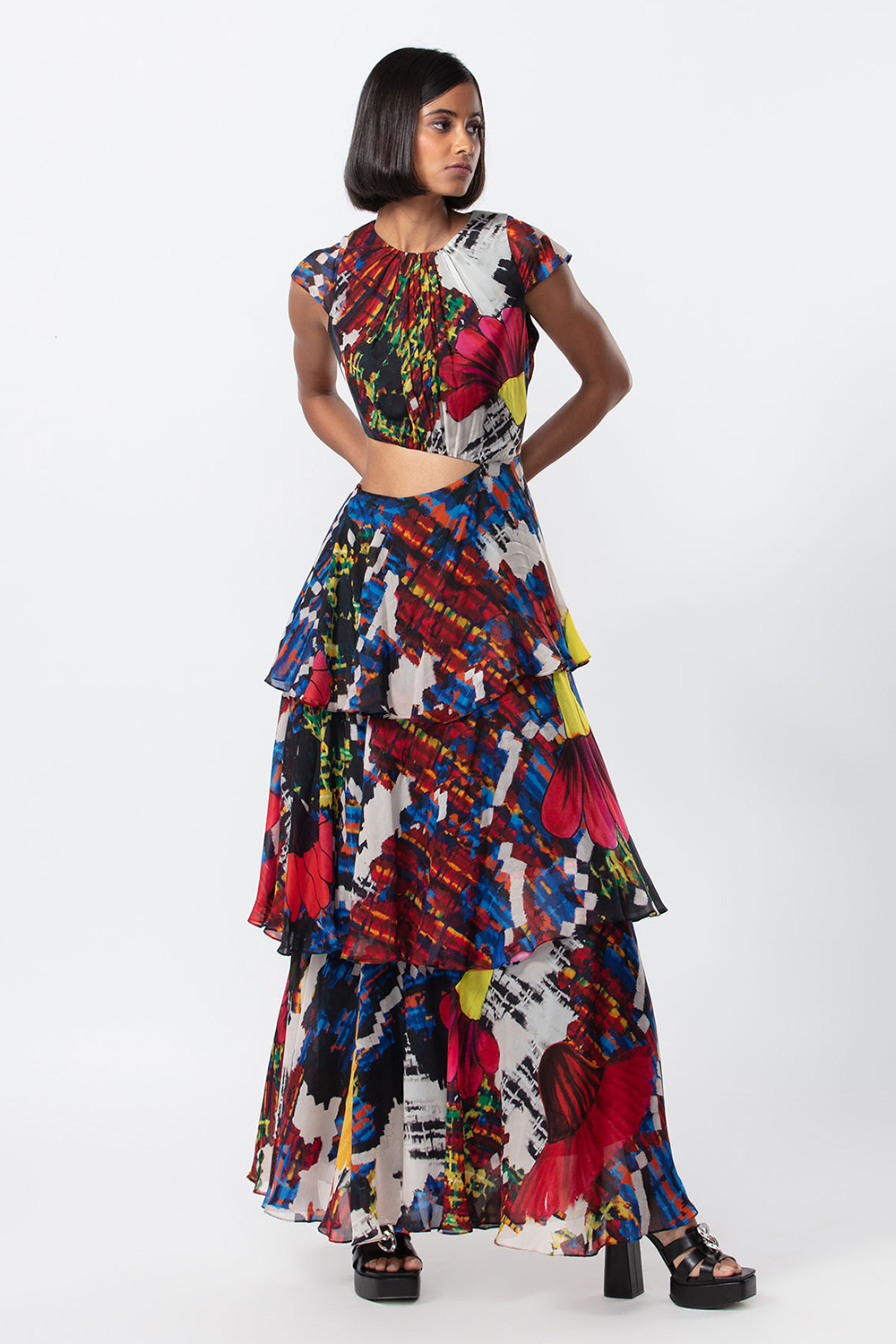 Abstract Floral Print Three Tier Dress With Side Cutout 