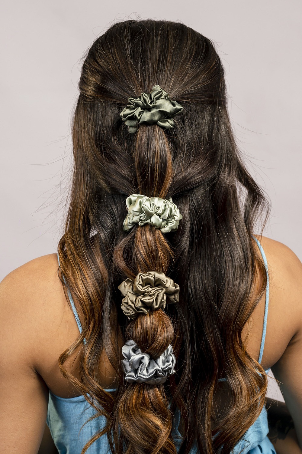 Green and Grey Silk Satin Scrunchies - Pack of Four