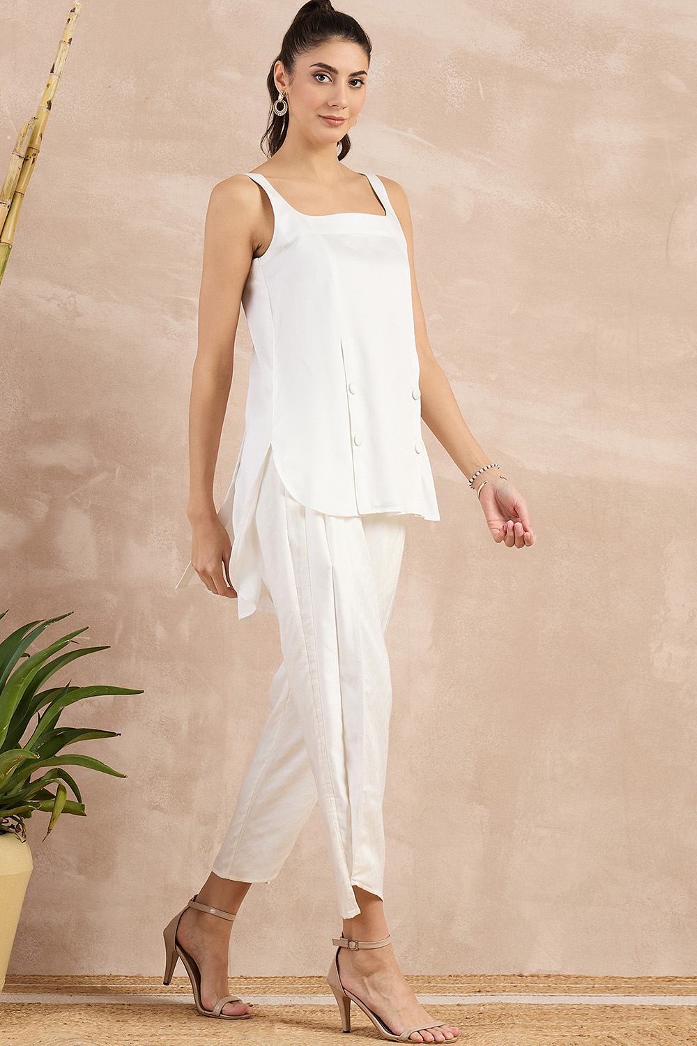 Off-White High-Low Sleeveless Top and Trouser Set