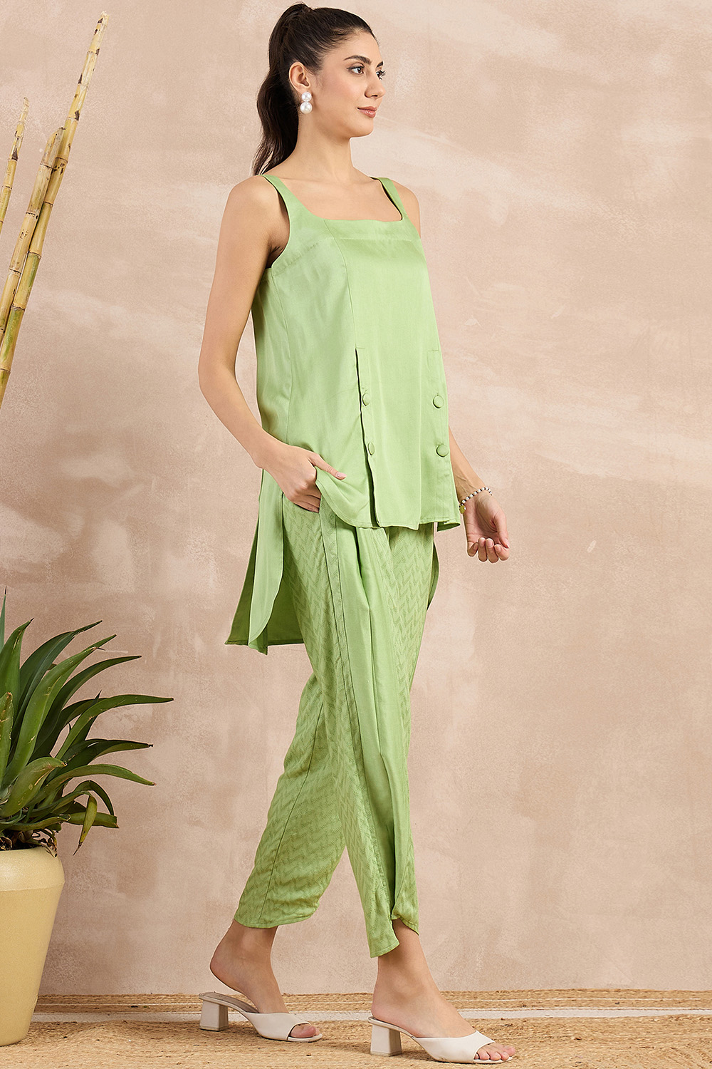 Pastel Green High-Low Sleeveless Top and Trouser Set