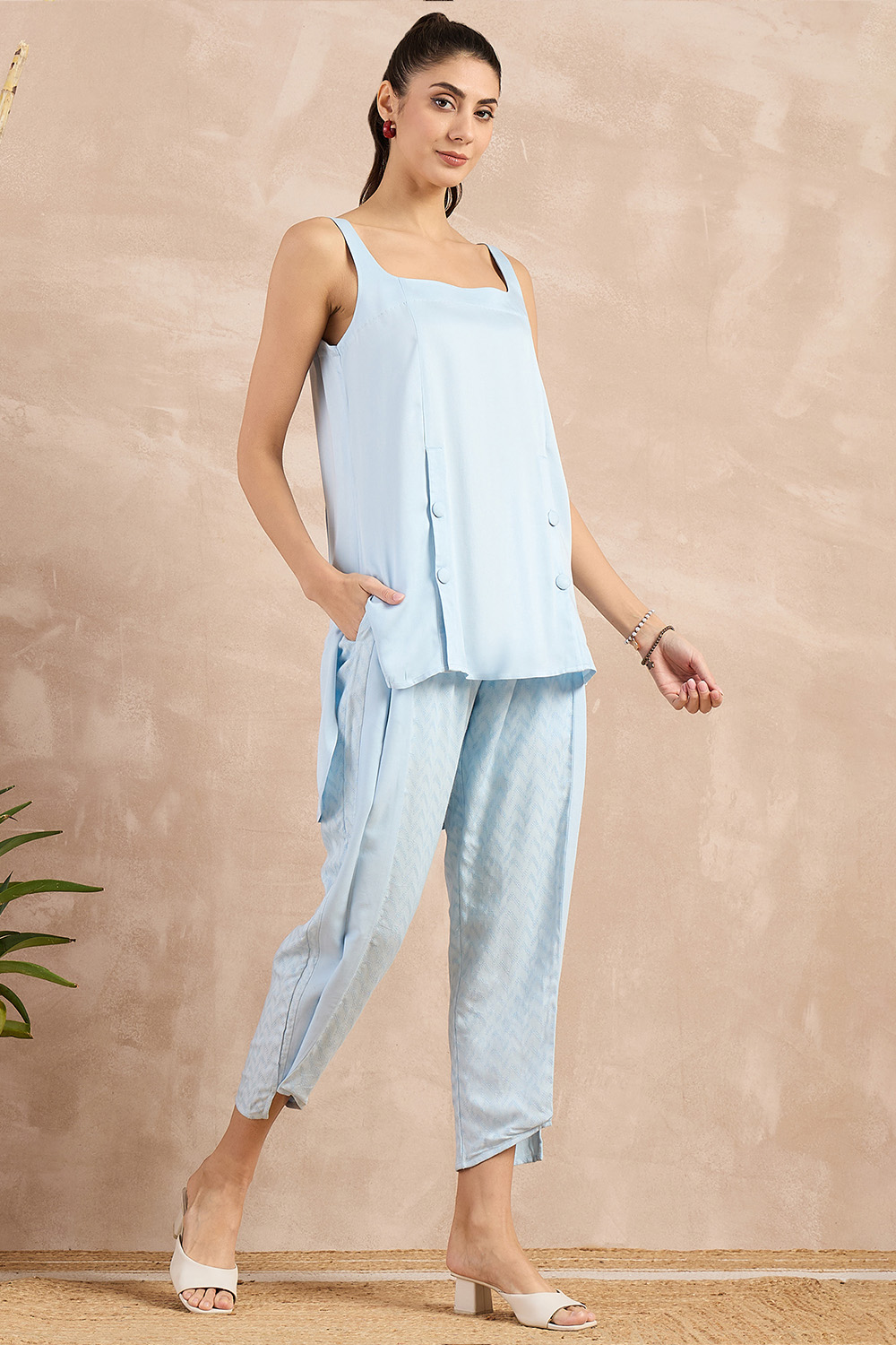 Sky Blue High-Low Sleeveless Top and Trouser Set