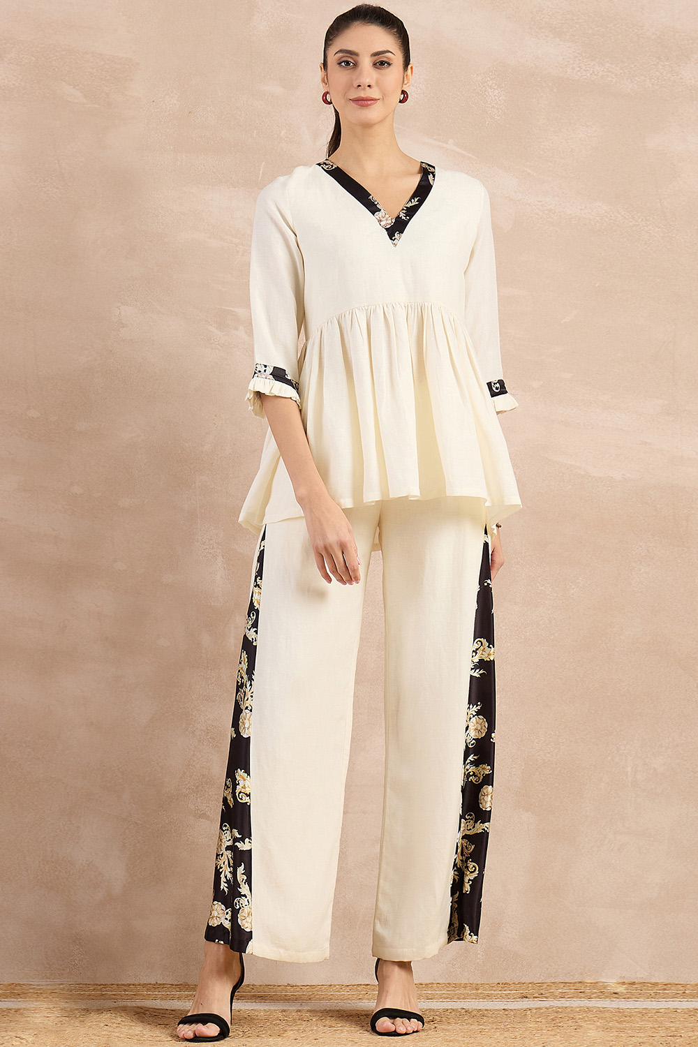 Off-White and Black Baroque Printed Linen Co-ordinate Set
