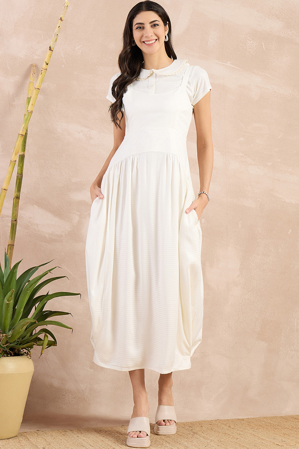 Off-White Herringbone Mid Length Dress and Crop Shirt Set