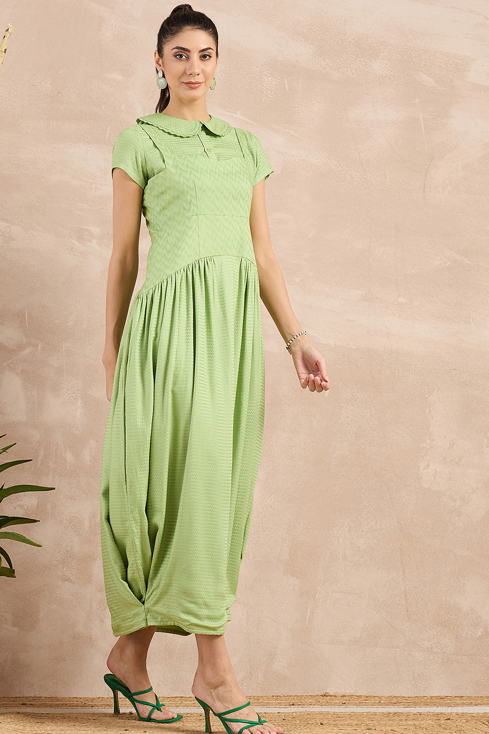 Pastel Green Herringbone Mid Length Dress and Crop Shirt Set