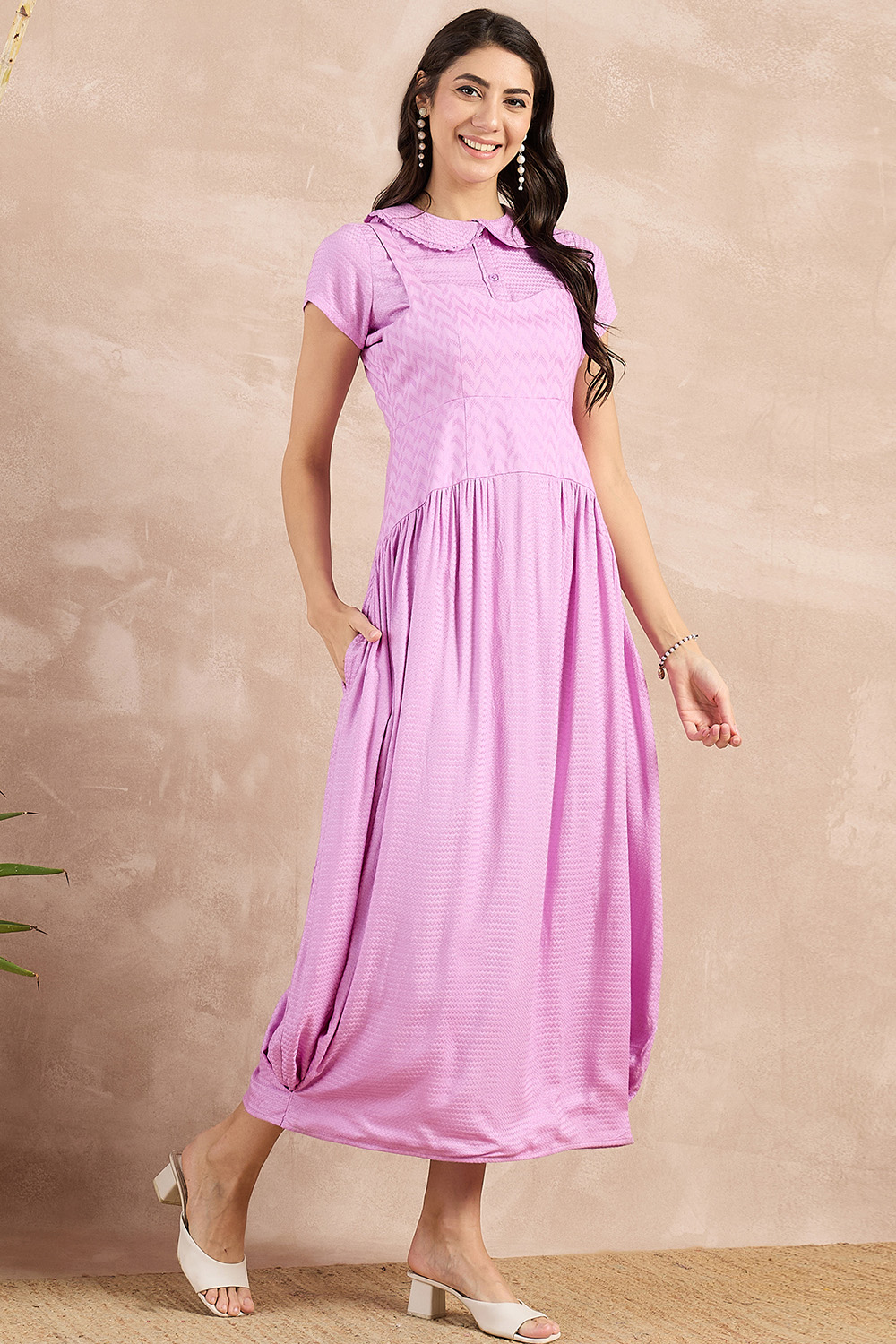 Purple Herringbone Mid Length Dress and Crop Shirt Set