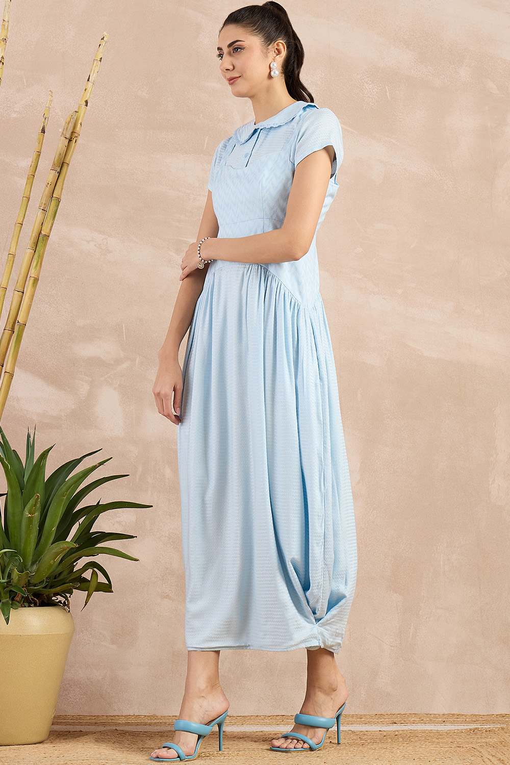 Sky Blue Herringbone Mid Length Dress and Crop Shirt Set