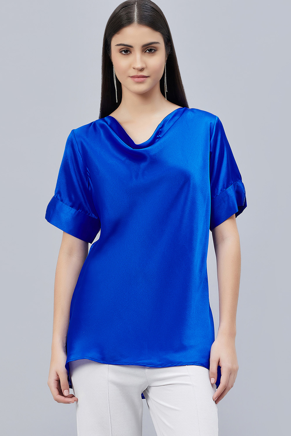 Cobalt Blue Cowl Neck Embellished Satin Shirt