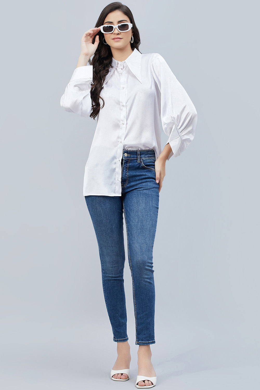 White Long Collar Embellished Satin Shirt