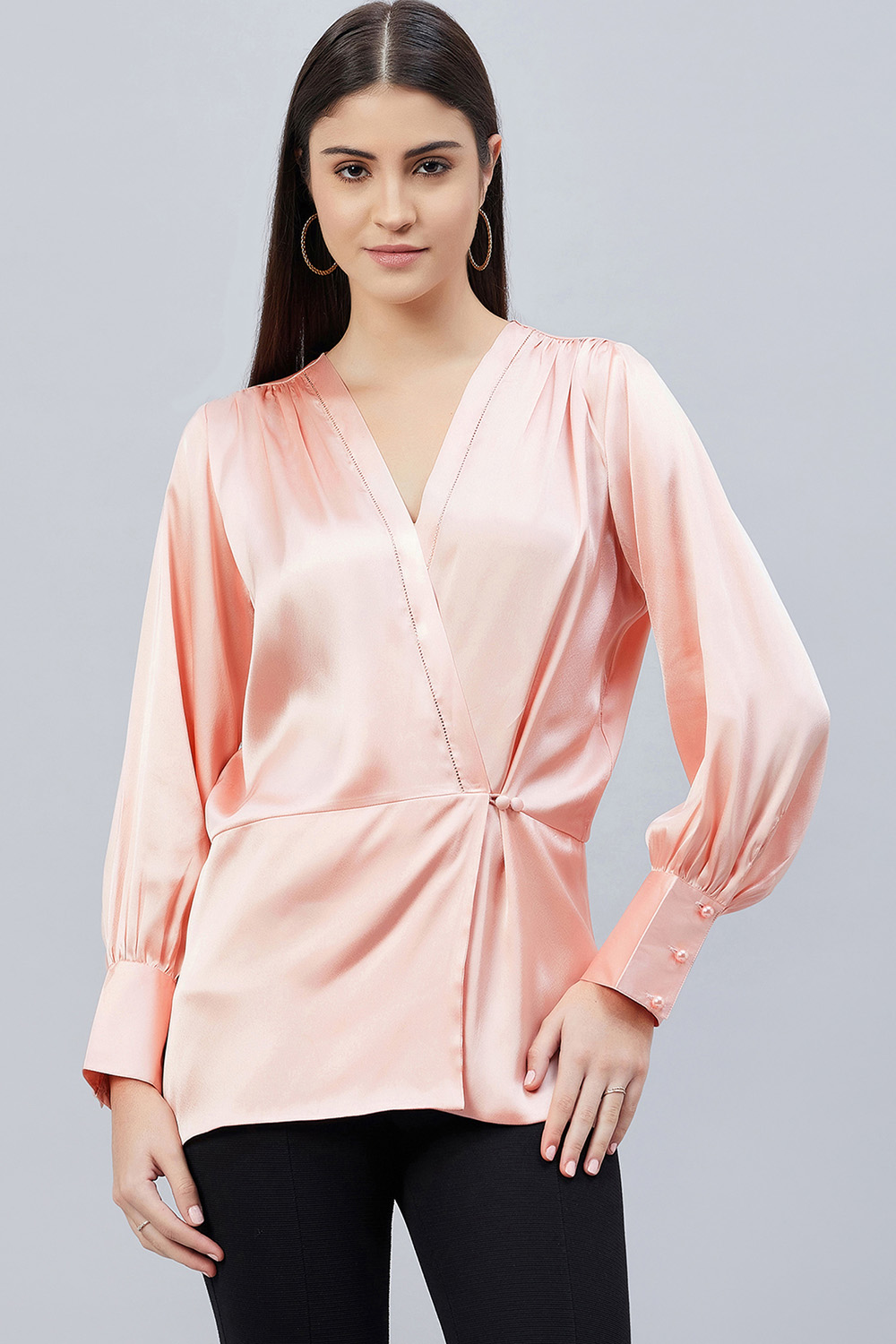 Pink Wrap Embellished Satin Shirt