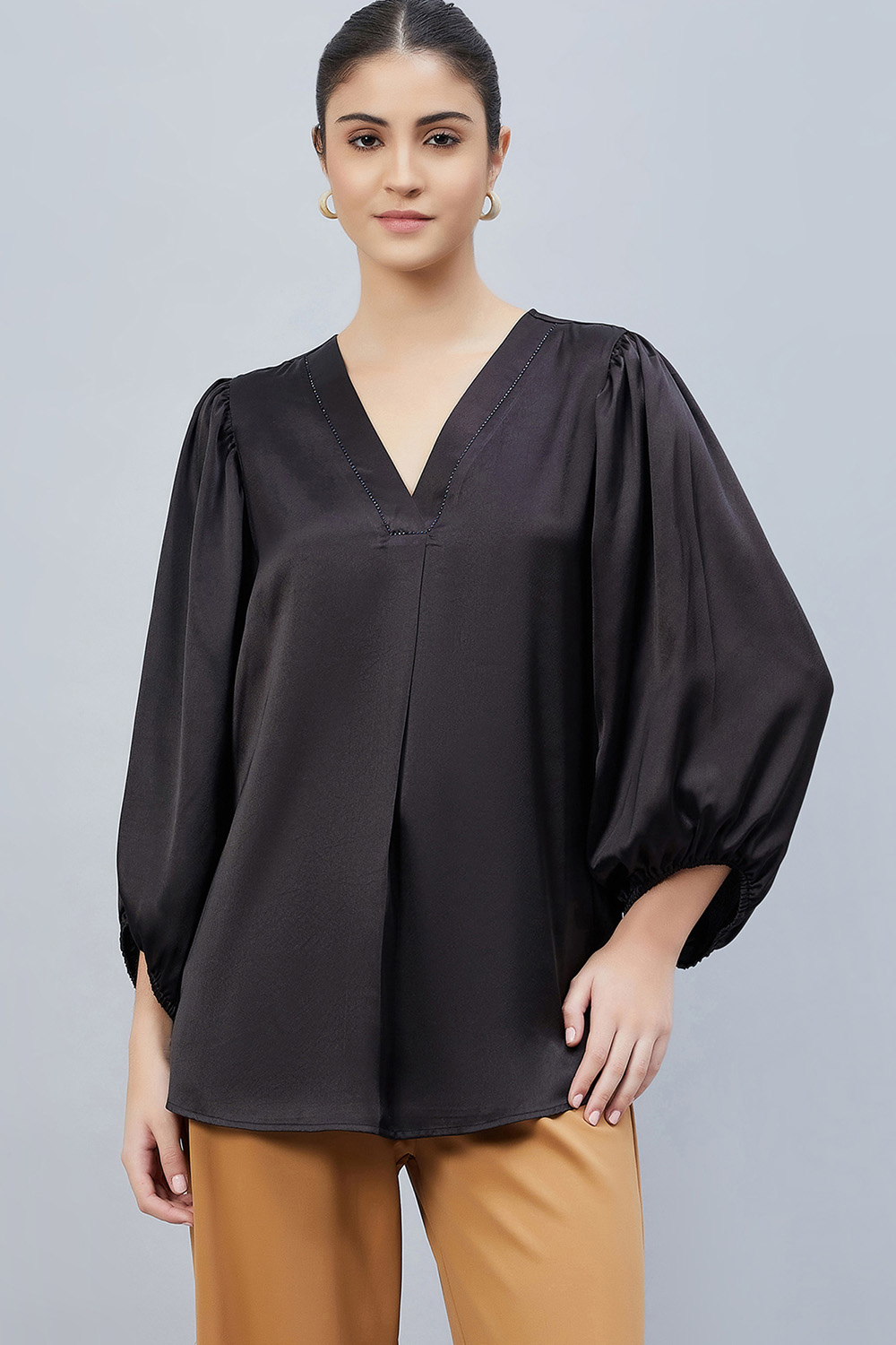 Black V-Neck Embellished Satin Shirt