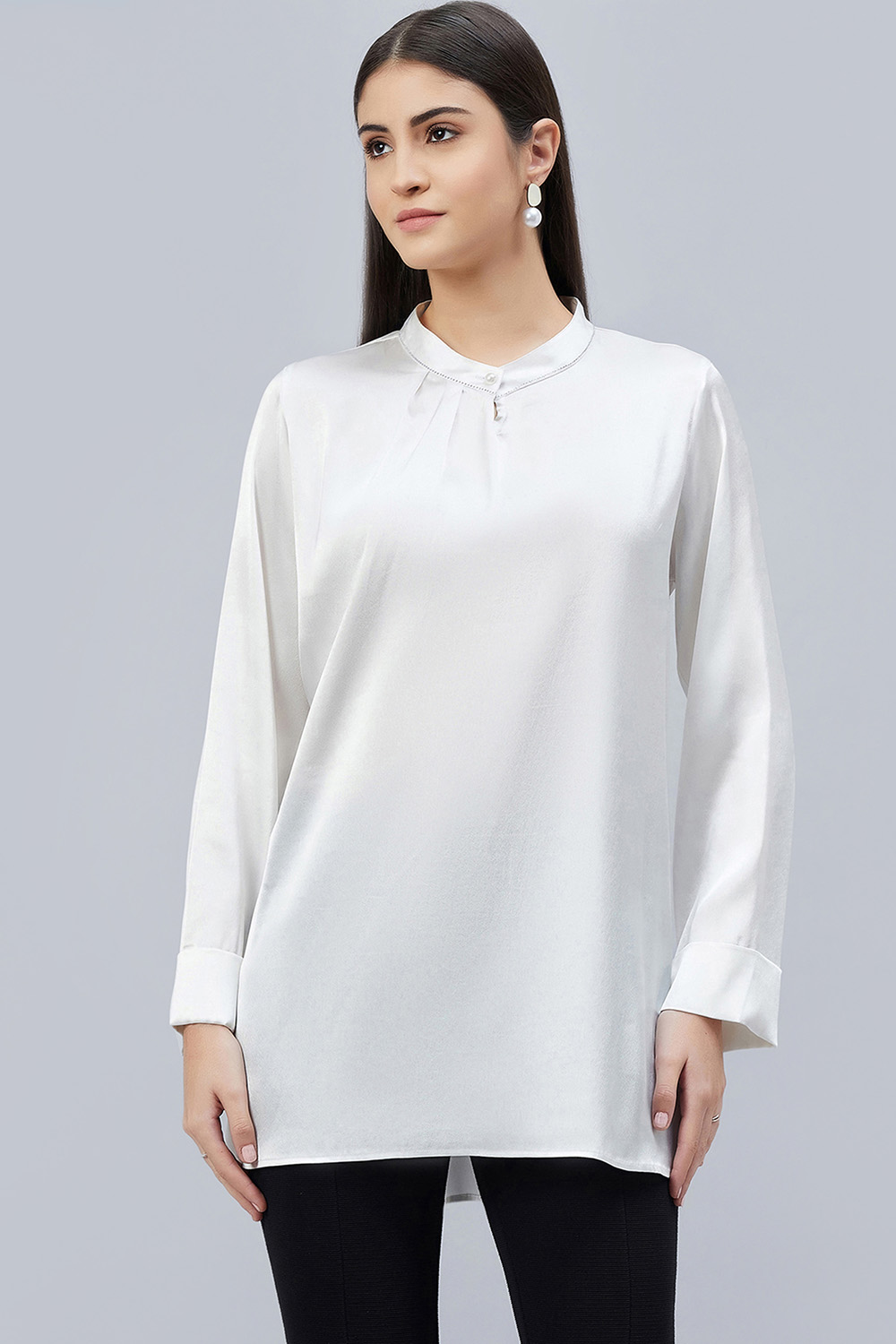 White One Side Pleated Embellished Satin Shirt