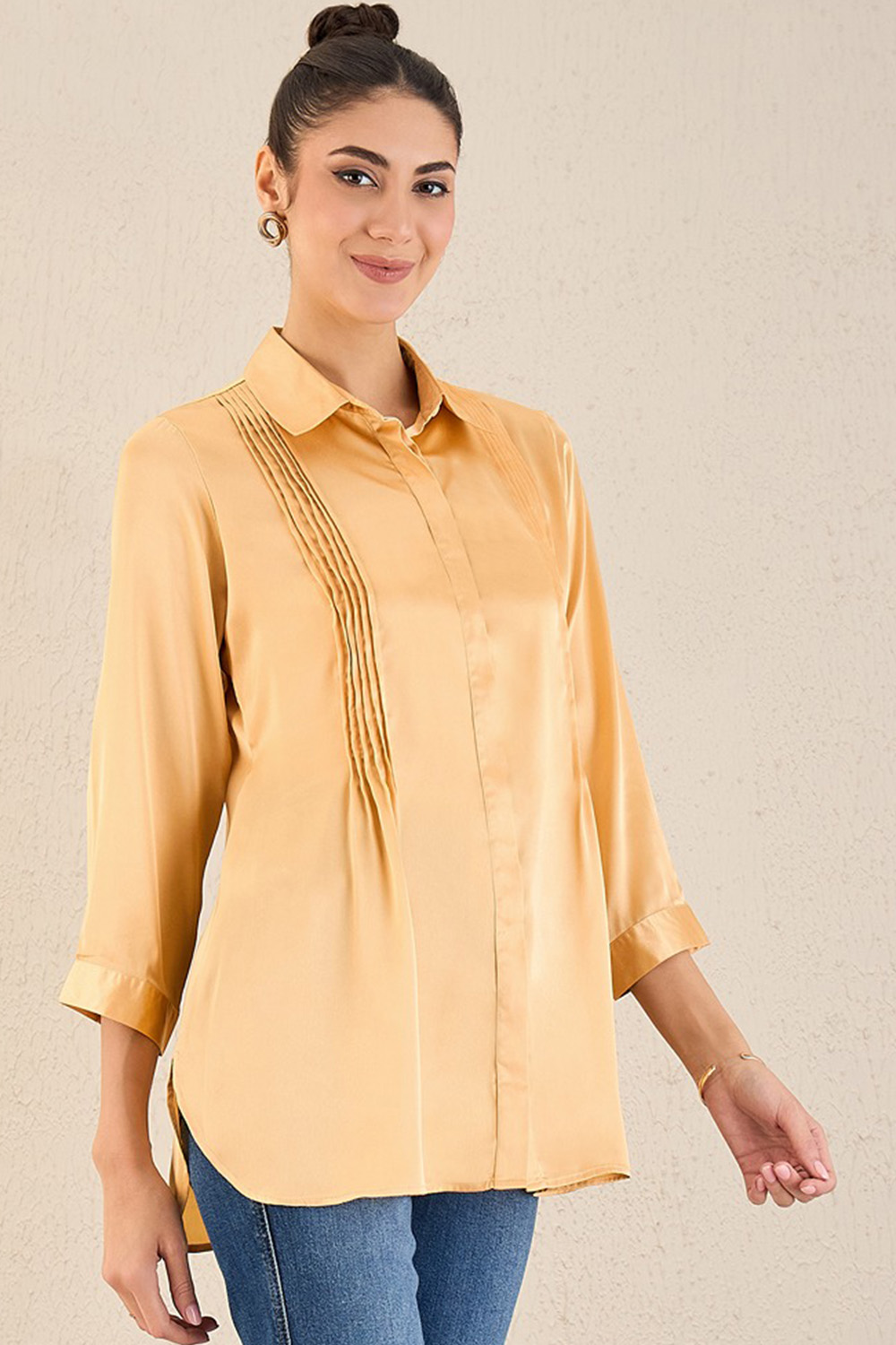 Golden Yellow Pintucked Satin Shirt