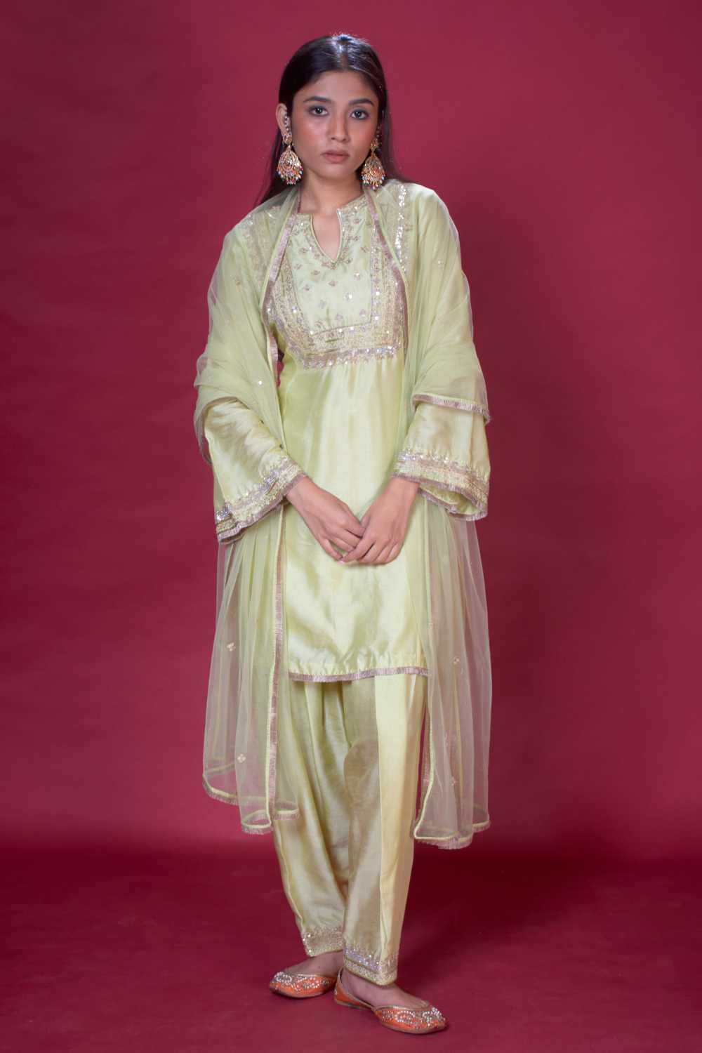Aaira- Lime Green Short Kurta & Pakistani Salwaar. 