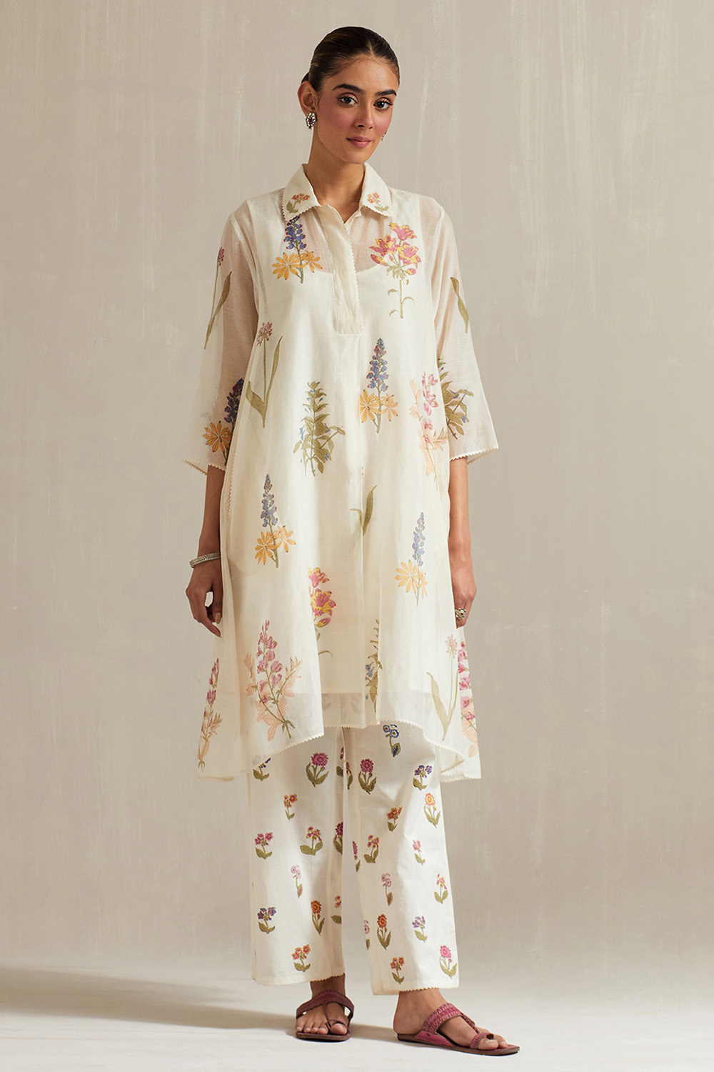 Off White Hand Block Printed A-Line Short Kurta With Straight Pants