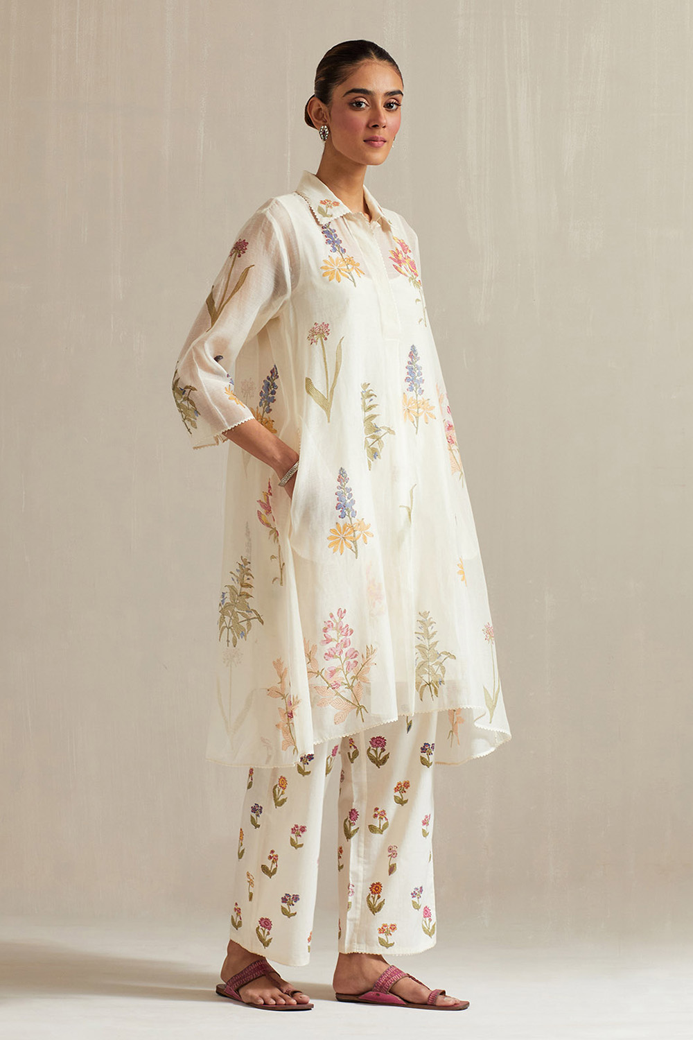 Off White Hand Block Printed A-Line Short Kurta With Straight Pants