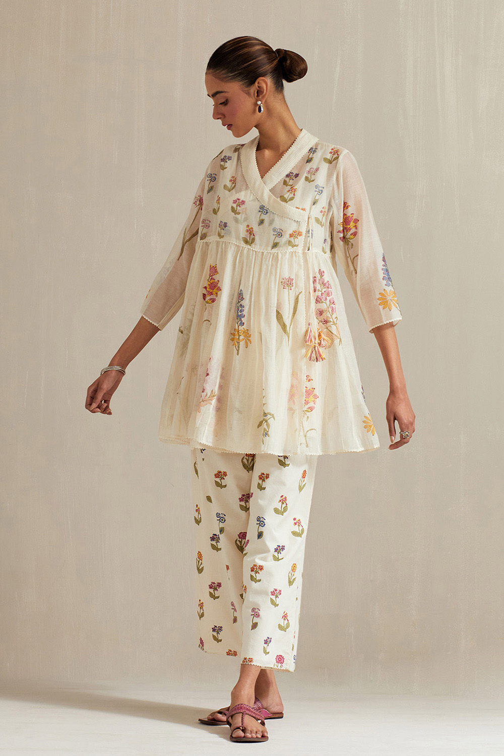 Off White Hand Block Printed Short Angrakha Kurta With Straight Ankle Length Pants