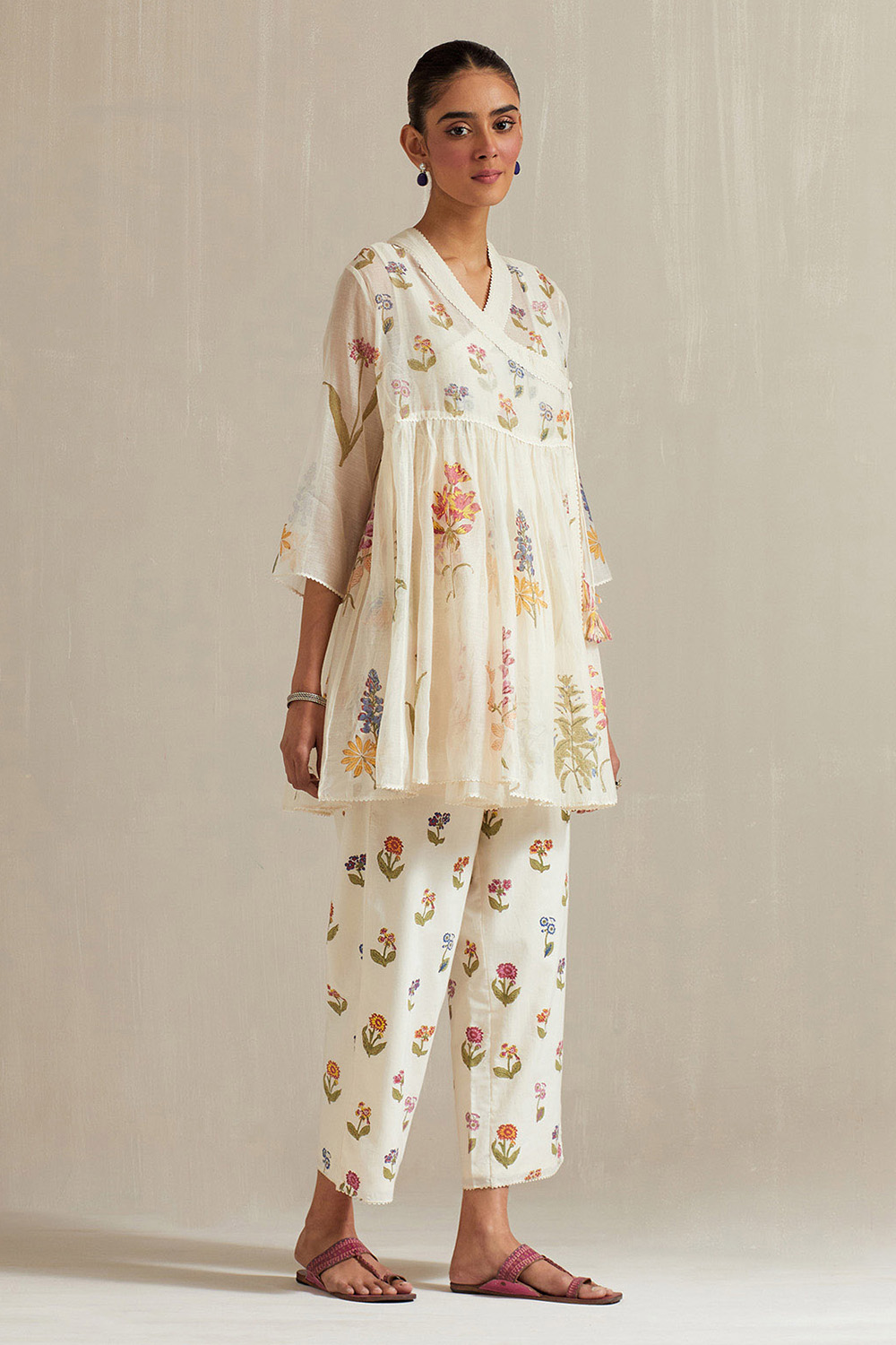 Off White Hand Block Printed Short Angrakha Kurta With Straight Ankle Length Pants