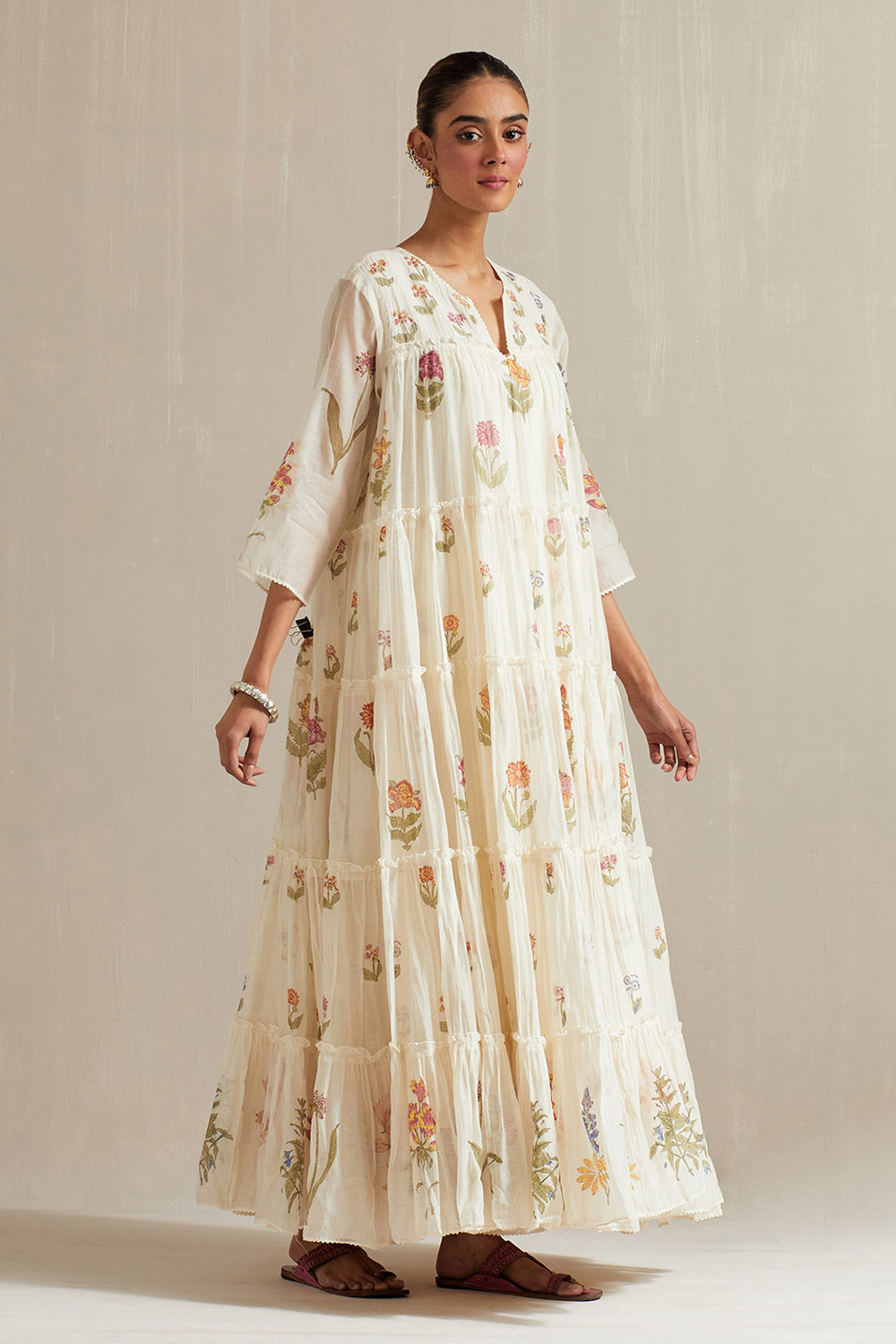 Off White Hand Block Printed Multi-Tiered Kurta With Staright Pants