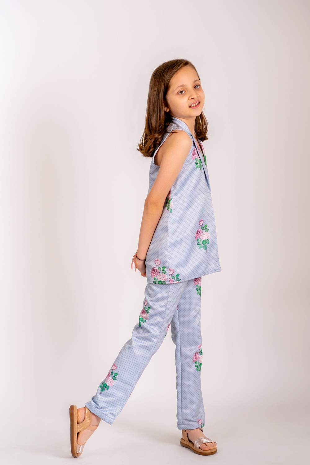 Soft Blue Floral & Polka Dot Pantsuit Kids