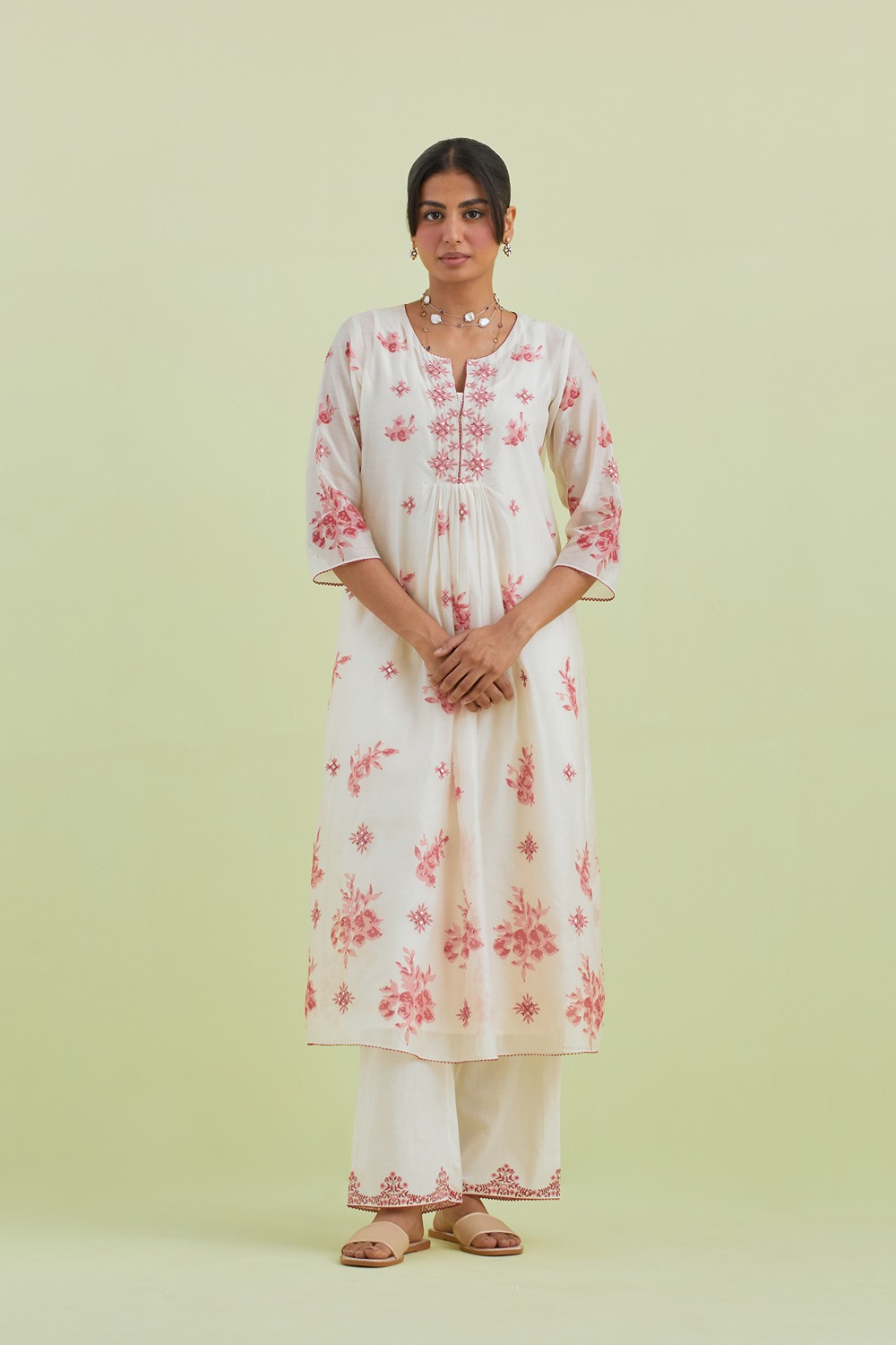 Pink And Off-White Silk Chanderi Straight Long Kurta Dress With Pant