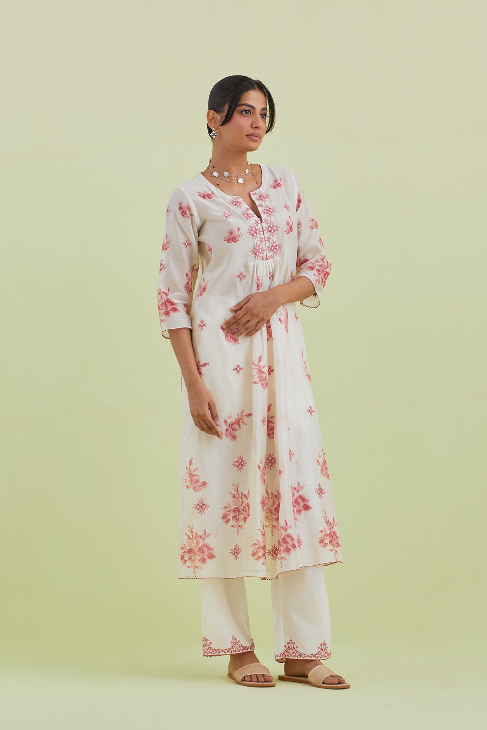 Pink And Off-White Silk Chanderi Straight Long Kurta Dress With Pant