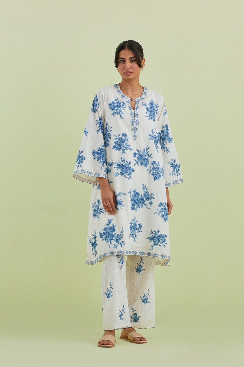 Blue And Off-White Cotton A-Line Short Kurta With Pant